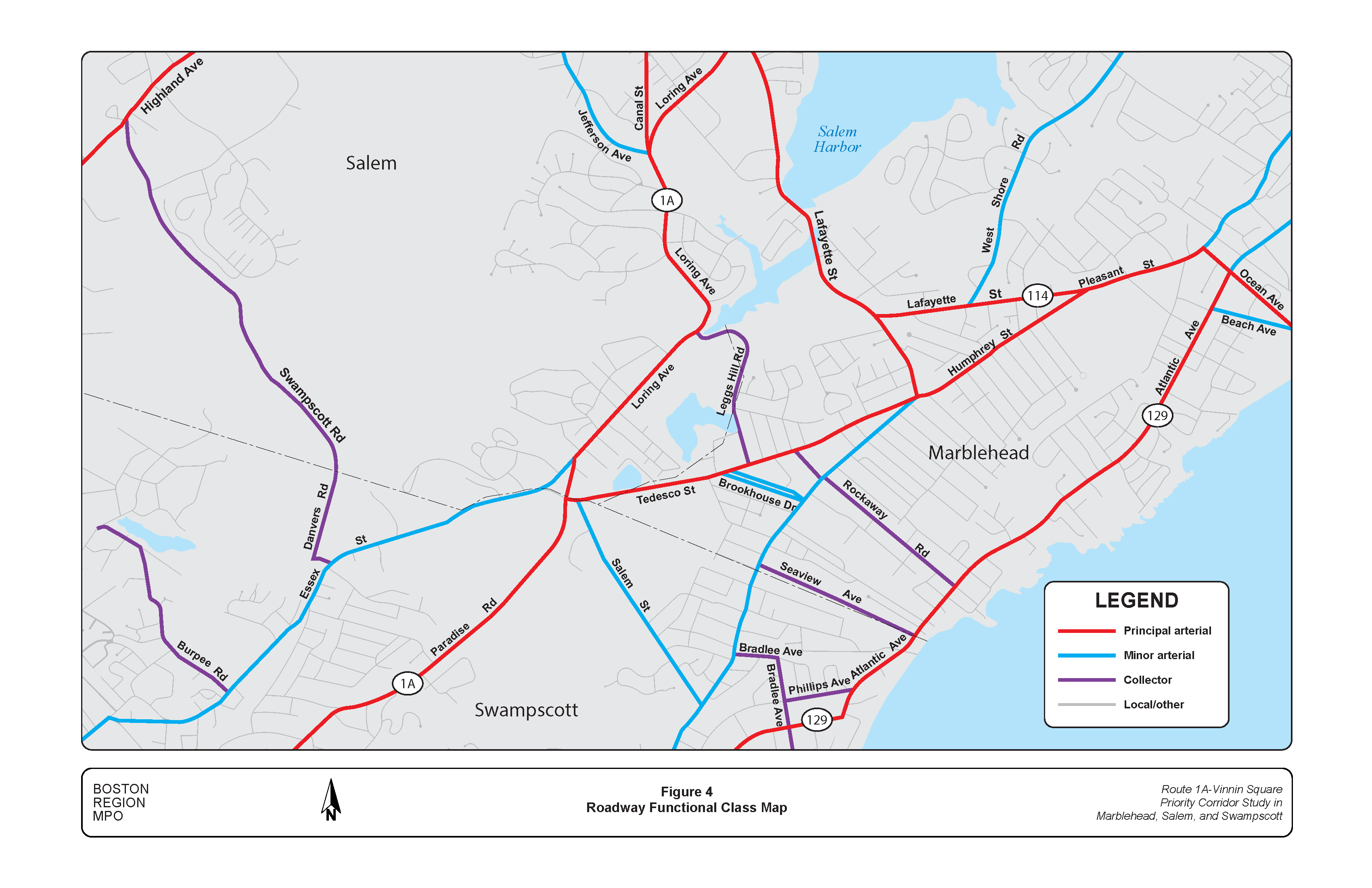 FIGURE 4. Roadway Functional Class Map.Figure 4 is a map of roadways in the study area showing their functional class designations, i.e. principal arterial, minor arterial, collector, or local road.